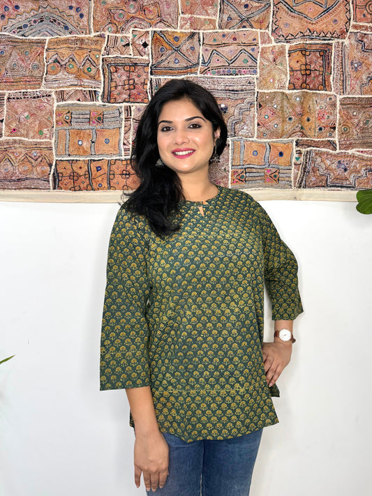 Bellflower ~ Olive Green Ajrakh Handblock Kurti