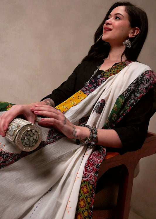 Ajrakh Applique & Kantha Embroidered Cotton Dupatta ~ White