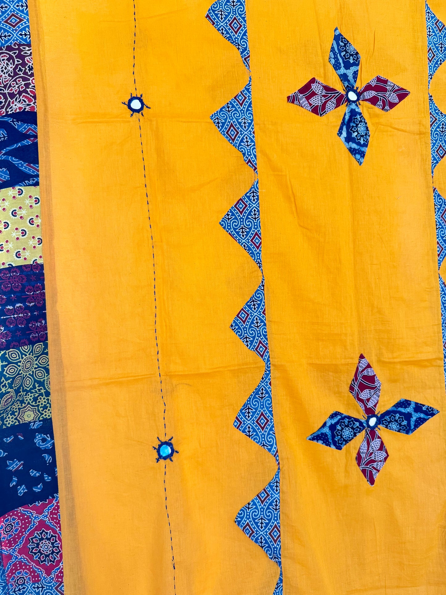 Ajrakh Applique & Kantha Embroidered Dupatta ~ Mustard Yellow with Flowers