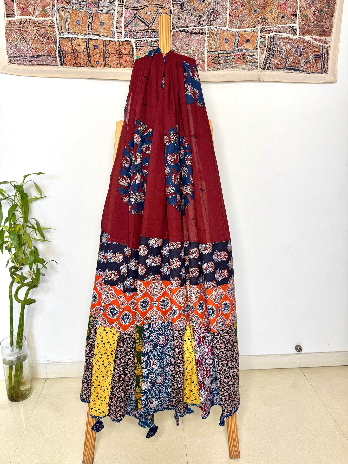 𓂃ོ⋆☀︎𓂃ᨒོ Ajrakh, Applique & Kantha Embroidered Dupatta ~ Burgundy Red 𑁍ࠬ