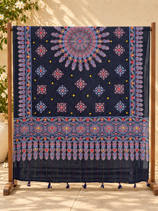 Rangrez🔅Ajrakh Mulmul Cotton Dupattas with Embroidery ~ Indigo Bloom