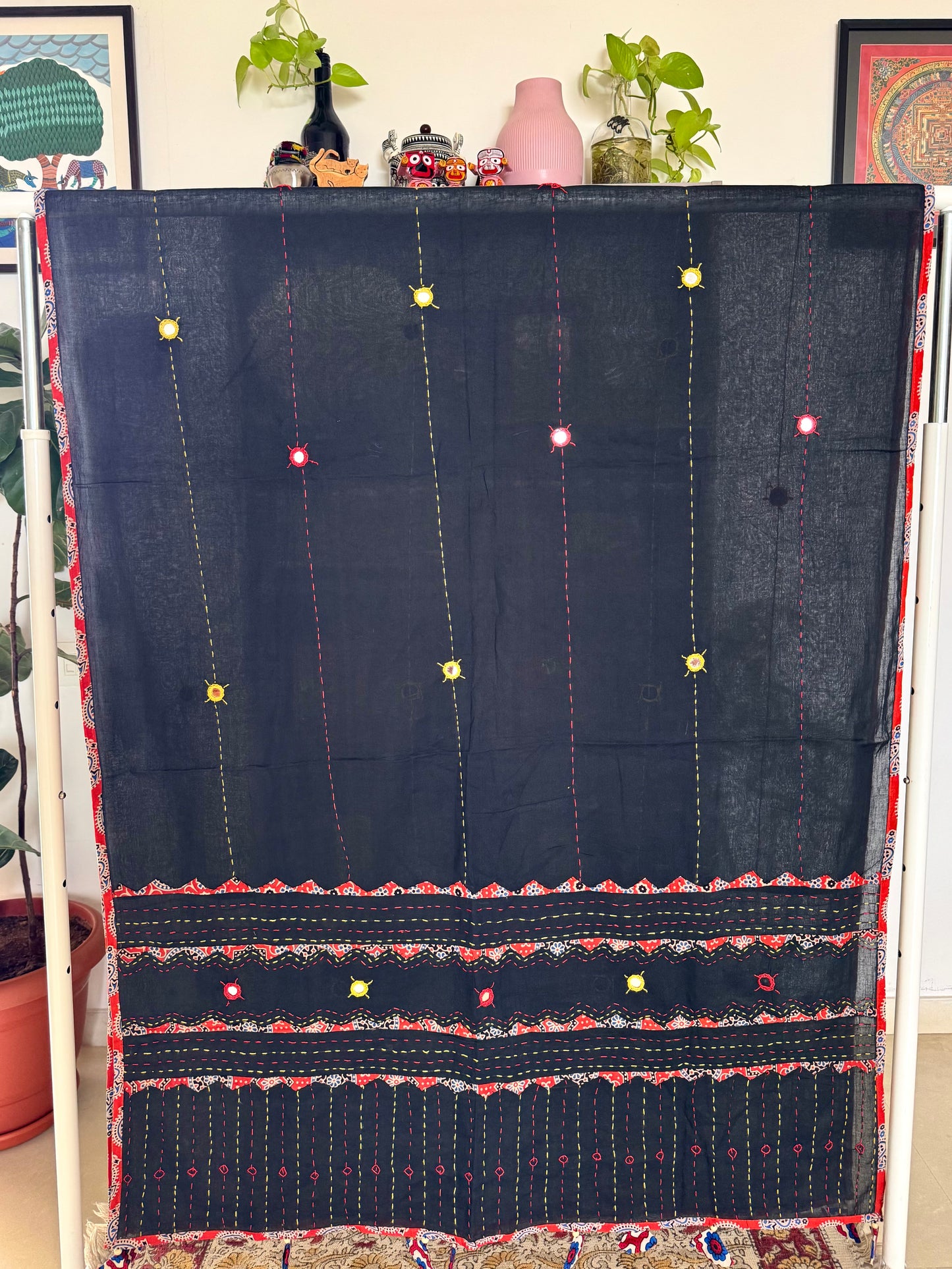 Ajrakh Applique & Kantha Embroidered Dupatta ~ Black with Orange Kantha Work