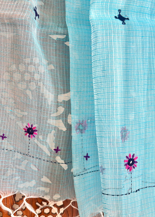 Kota Doria Hand Embroidered Dupatta ~ Aqua blue w/ pink flowers