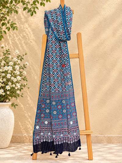 Rangrezđ
Ajrakh Mulmul Cotton Dupattas with Embroidery ~ Blue Banjara