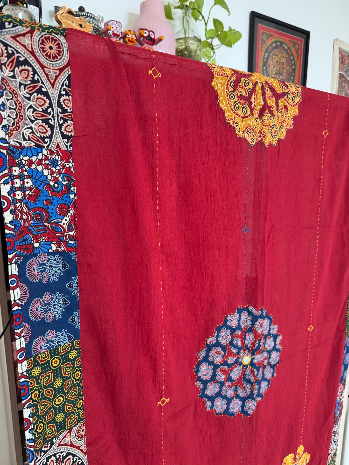 𓂃ོ⋆☀︎𓂃ᨒོ Ajrakh, Applique & Kantha Embroidered Dupatta ~ Ruby Red 𑁍ࠬ