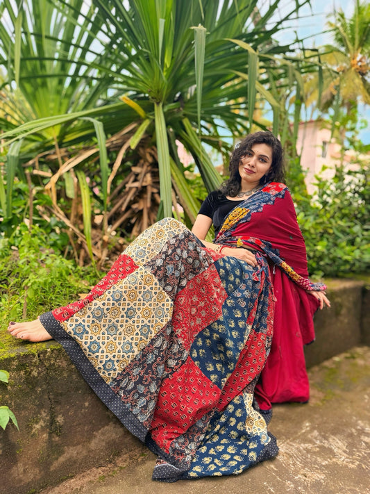 ✨Navrang ~ Ajrakh Skirt and Dupatta Set ~ Deep Red w/ Multicolor