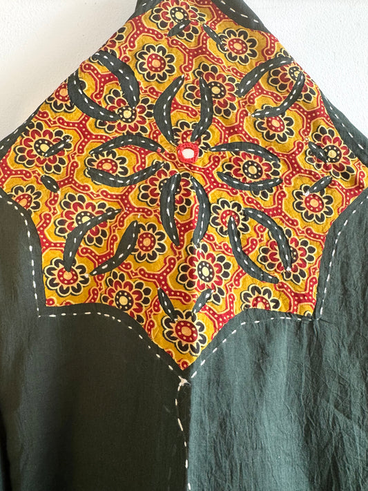 𓂃ོ⋆☀︎𓂃ᨒོ Ajrakh, Applique & Kantha Embroidered Dupatta ~ Olive Green & Yellow 𑁍ࠬ