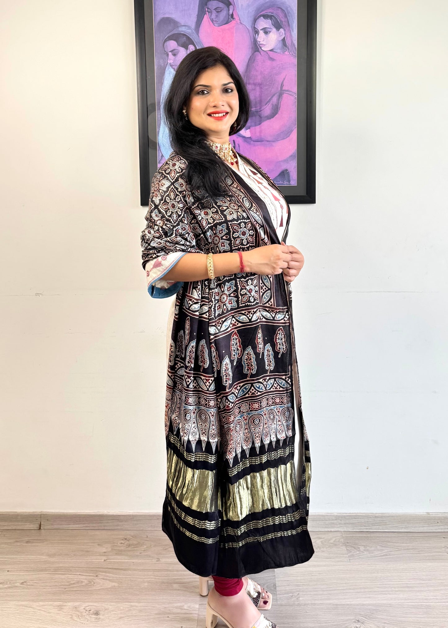 Modal Silk Ajrakh Dupatta ~ Metallic Black Square Motif w/ Zari