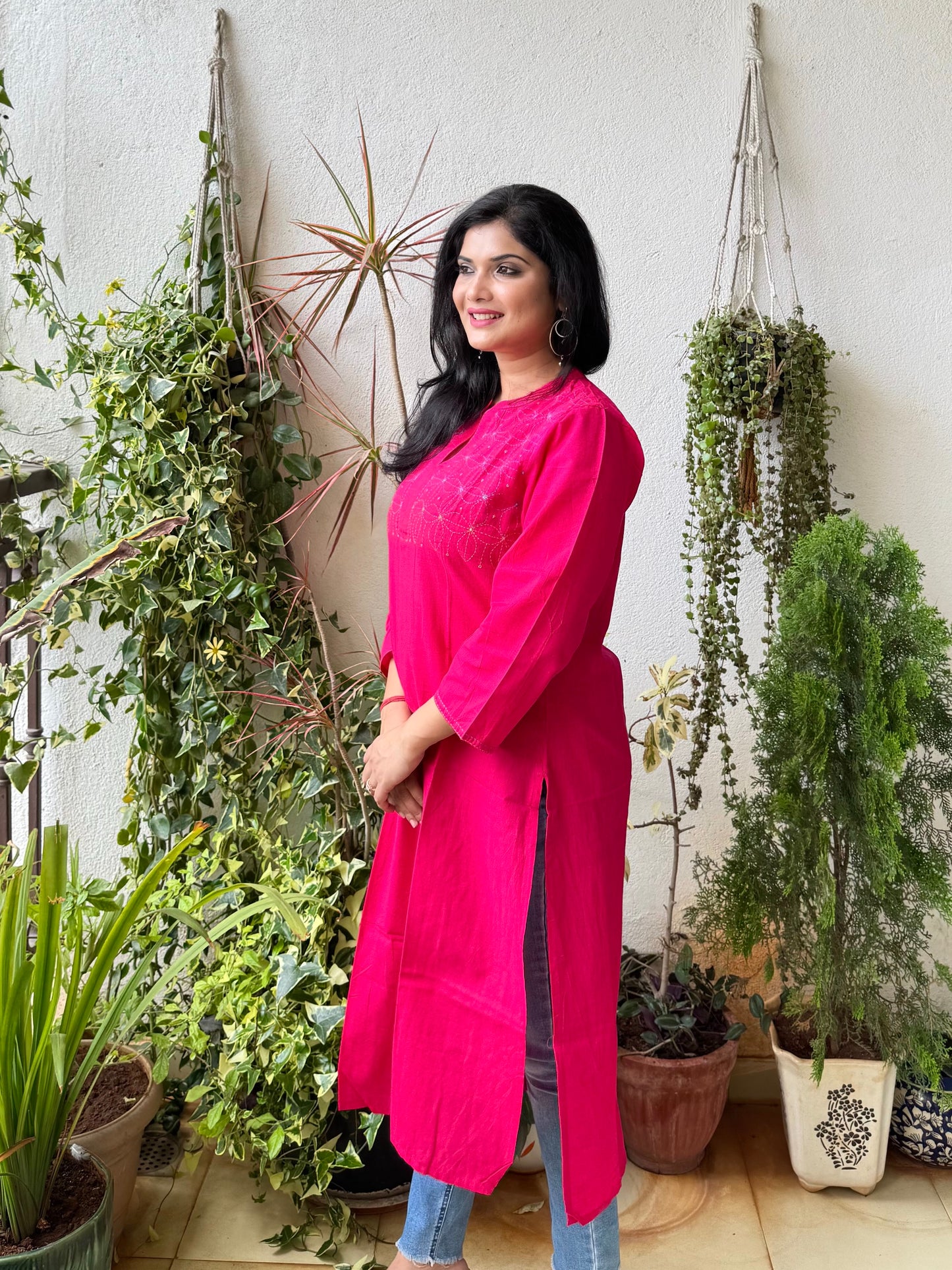 Masakali ~ Cotton Embroidered Kurti, Flamingo Pink🦩