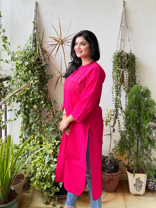 Masakali ~ Cotton Embroidered Kurti, Flamingo Pink🦩
