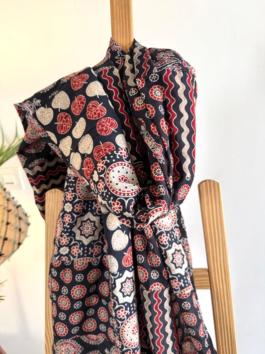 Ajrakh Applique & Kantha Embroidered Dupatta ~ Black Chequered