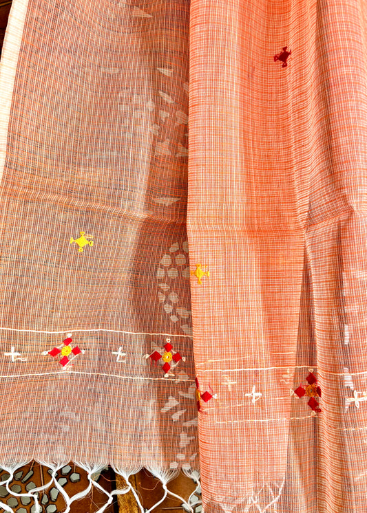 Kota Doria Hand Embroidered Dupatta ~ Peach w/ red flowers