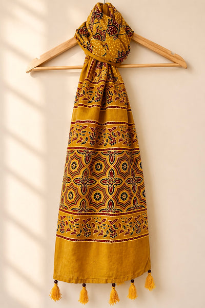 Raahi🌻Ajrakh Cotton Stoles ~ Mustard Yellow w/ Lotus Motif