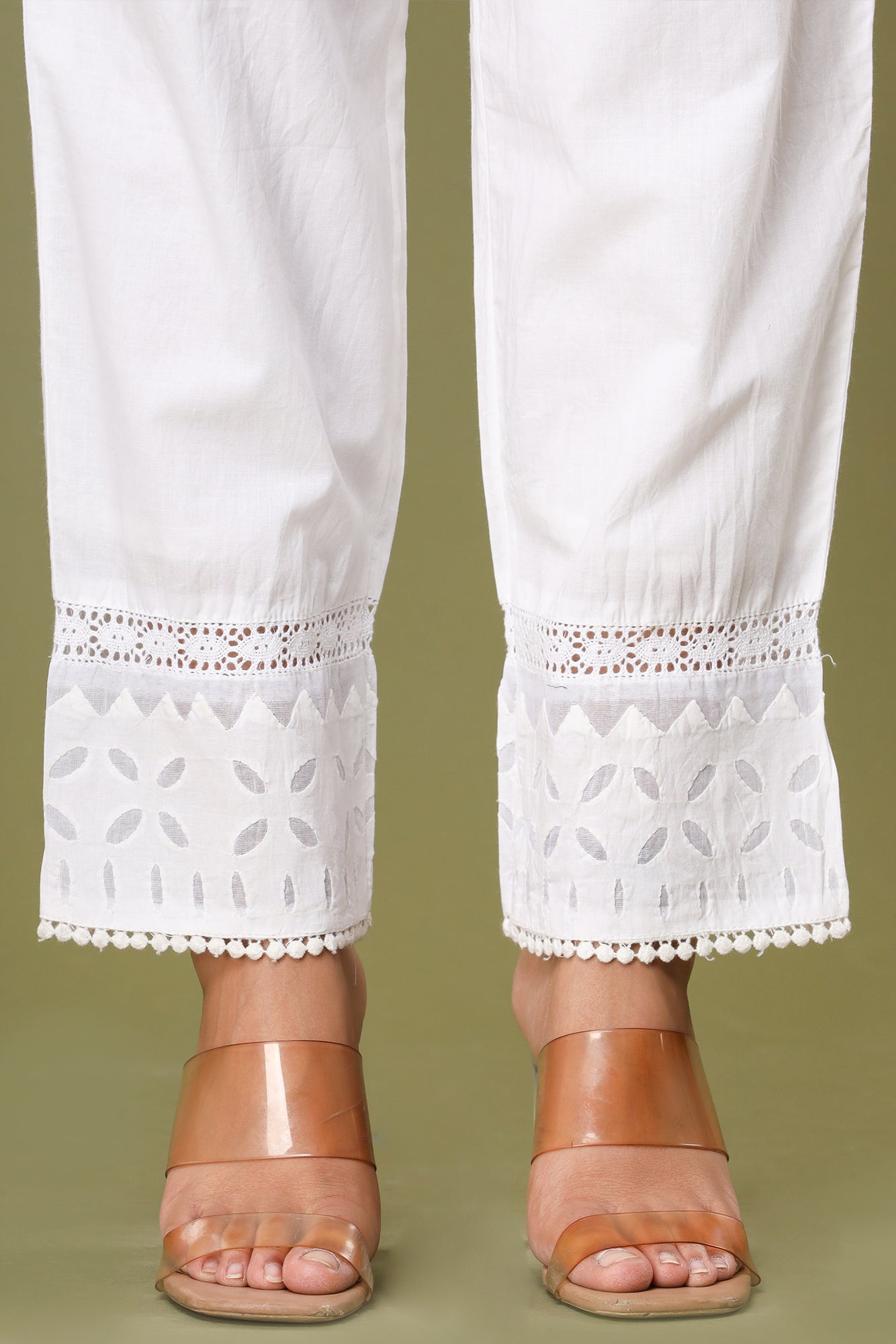 Pearl White ~ Appliqué Laced Cut Pant