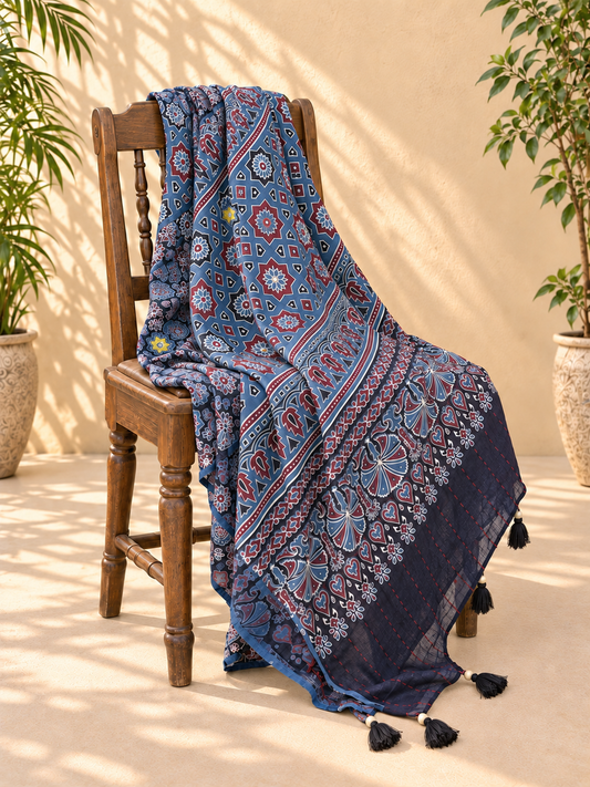 Rangrez🔅Ajrakh Mulmul Dupattas with Embroidery ~ Indigo Flowers
