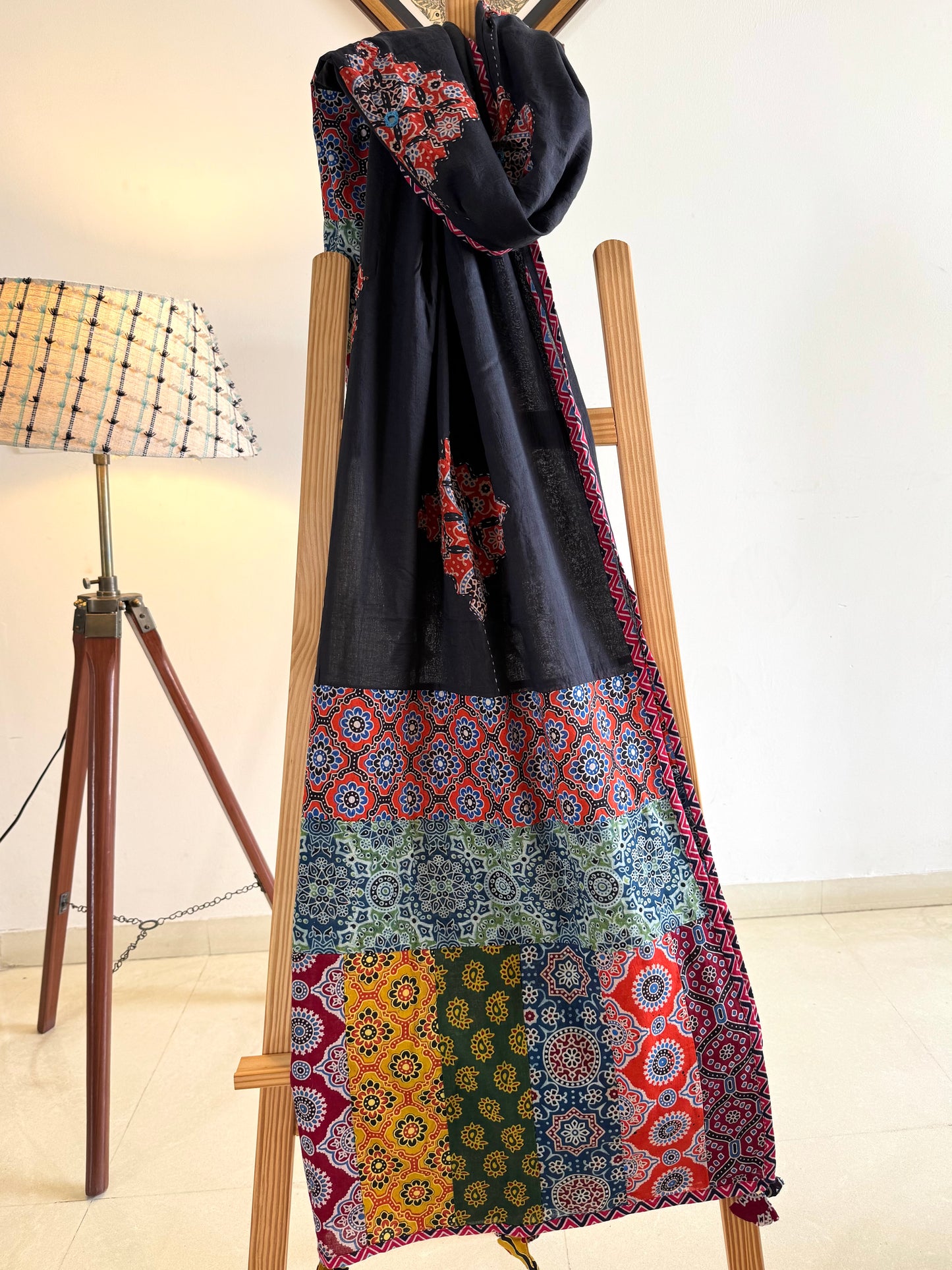 𓂃ོ⋆☀︎𓂃ᨒོ Ajrakh, Applique & Kantha Embroidered Dupatta ~ Black with Ruby Crystals𑁍ࠬ