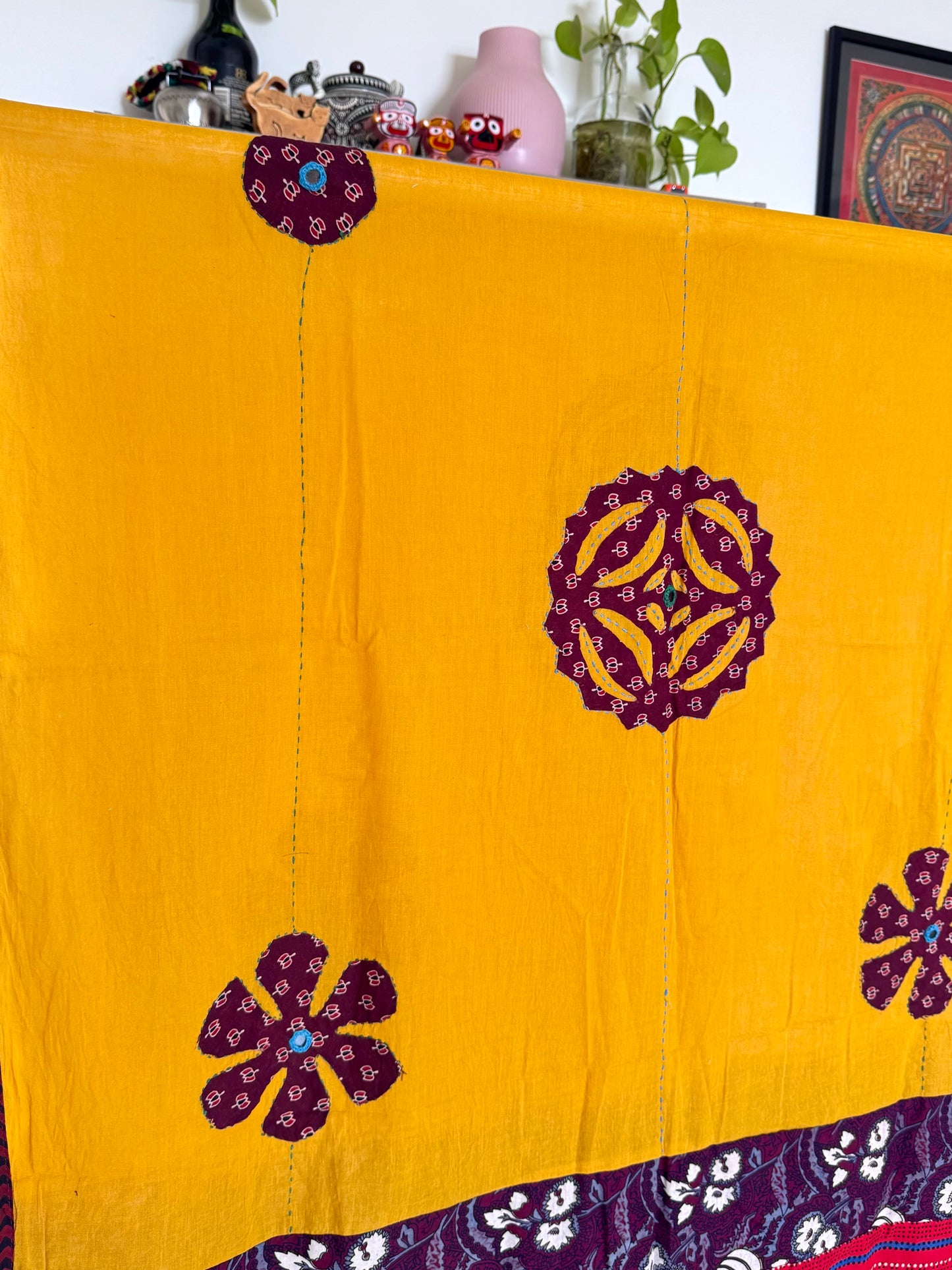𓂃ོ⋆☀︎𓂃ᨒོ Ajrakh, Applique & Kantha Embroidered Dupatta ~ Yellow & Maroon𑁍ࠬ