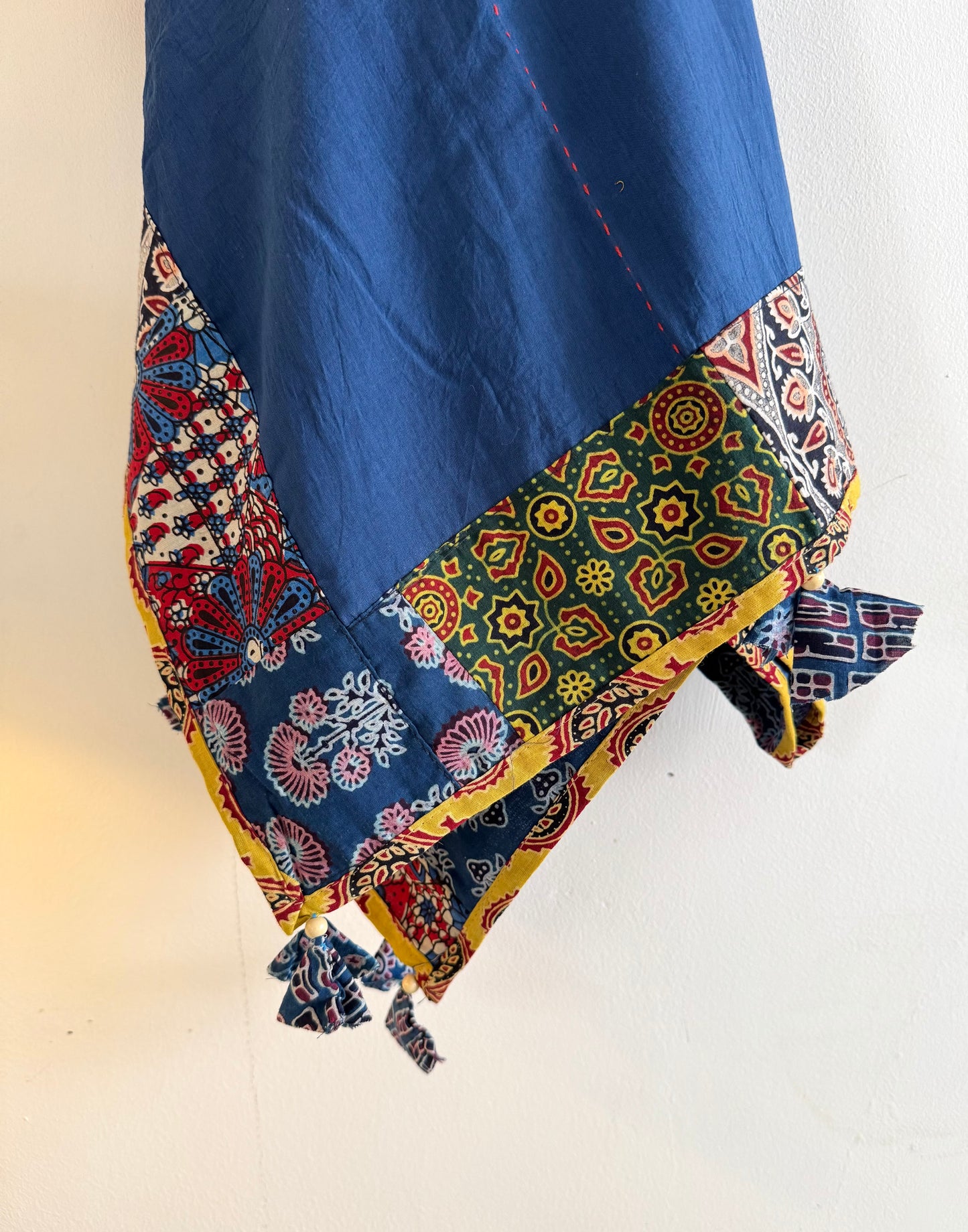 Ajrakh Applique & Kantha Embroidered Dupatta ~ Navy Blue w/ Orange Flowers