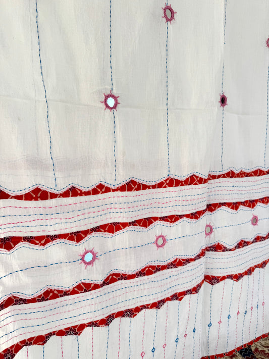 Ajrakh Applique & Kantha Embroidered Dupatta ~ White with Orange Patchwork