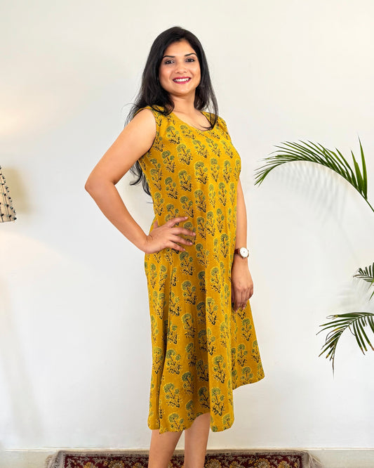 Noor 9 to 5 Ajrakh Dress ~ Mustard Yellow - Daisy Print