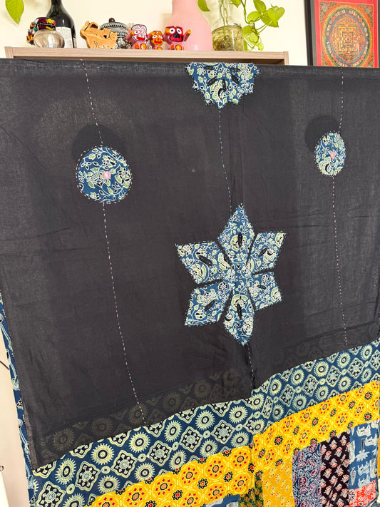 𓂃ོ⋆☀︎𓂃ᨒོ Ajrakh, Applique & Kantha Embroidered Dupatta ~ Black with Blue Crystals𑁍ࠬ