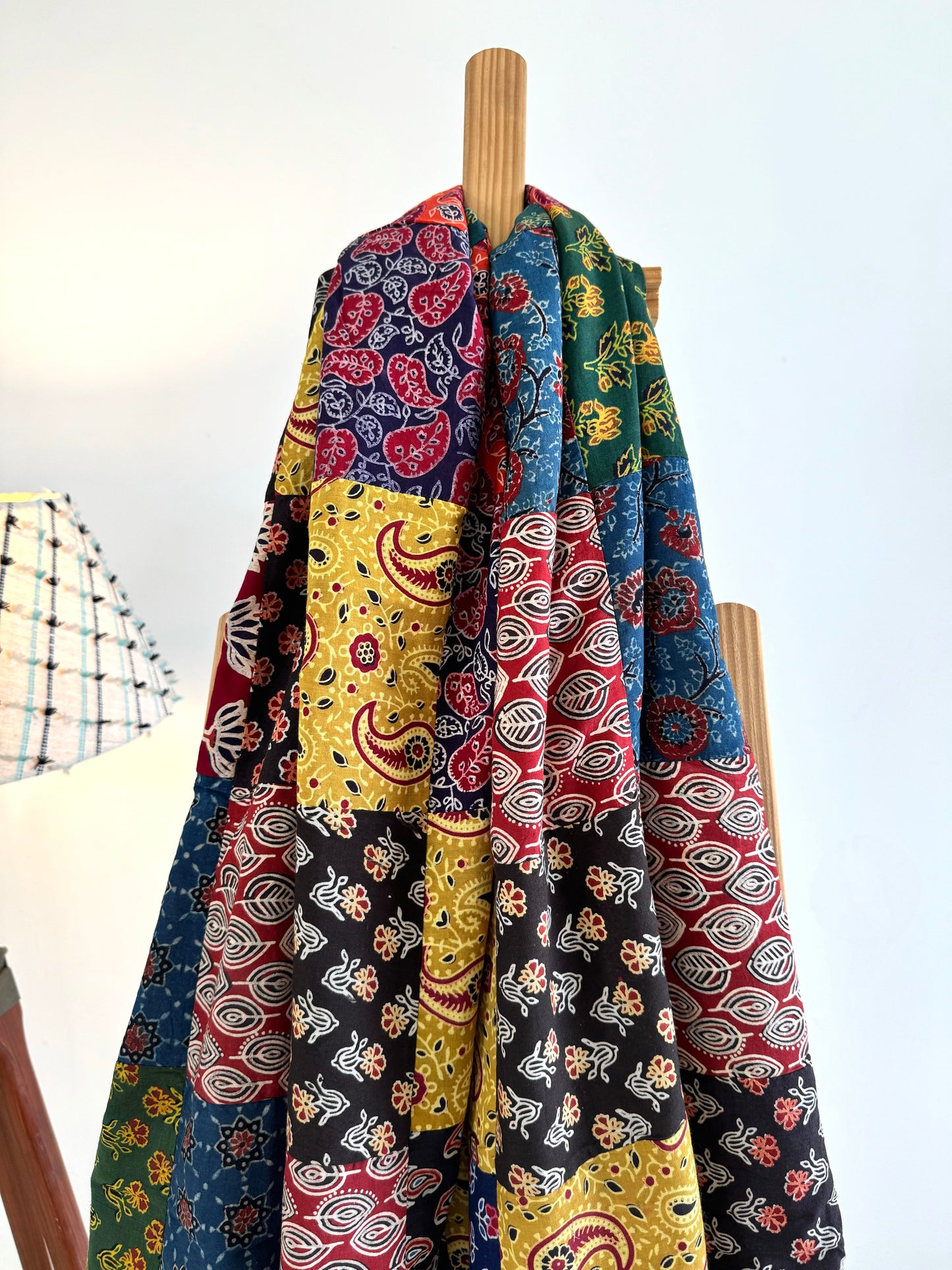 Ajrakh Applique & Kantha Embroidered Dupatta ~ Multicolored Chequered
