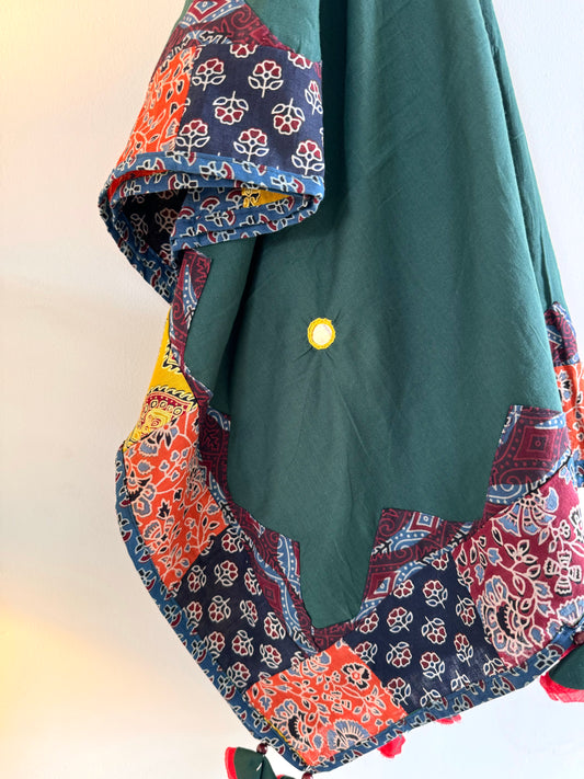Ajrakh Applique & Kantha Embroidered Dupatta ~ Basil Green