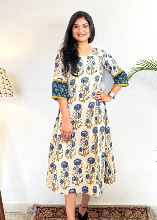 Noor 9 to 5 Ajrakh Dress ~ Ivory white & indigo blue