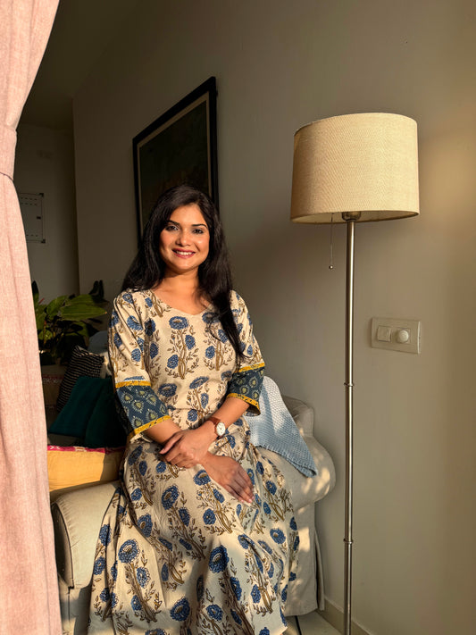 Noor 9 to 5 Ajrakh Dress ~ Ivory white & indigo blue
