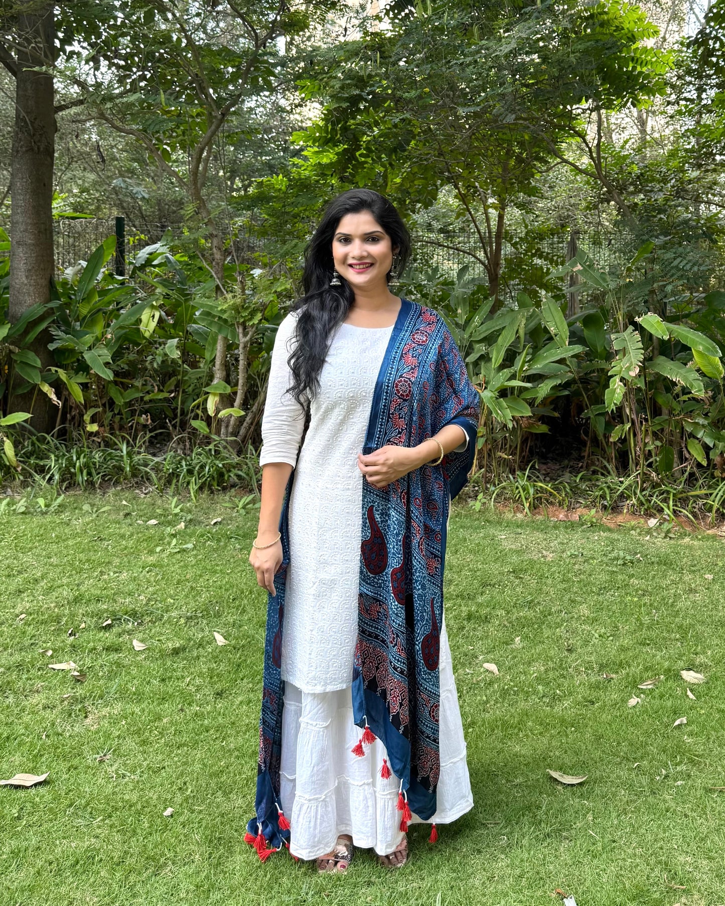 Rangrez🔅Modal Silk Ajrakh Stoles ~ Indigo with Floral Motifs