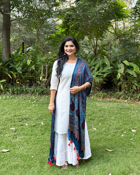 Rangrez🔅Modal Silk Ajrakh Stoles ~ Indigo with Floral Motifs