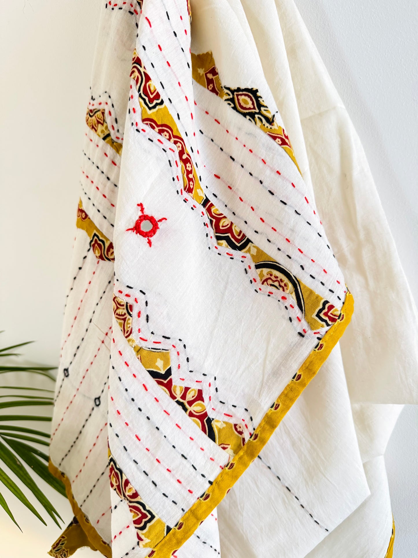 Ajrakh Applique & Kantha Embroidered Dupatta ~ White with Yellow Patchwork