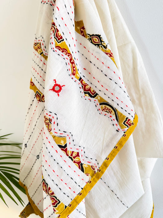 Ajrakh Applique & Kantha Embroidered Dupatta ~ White with Yellow Patchwork