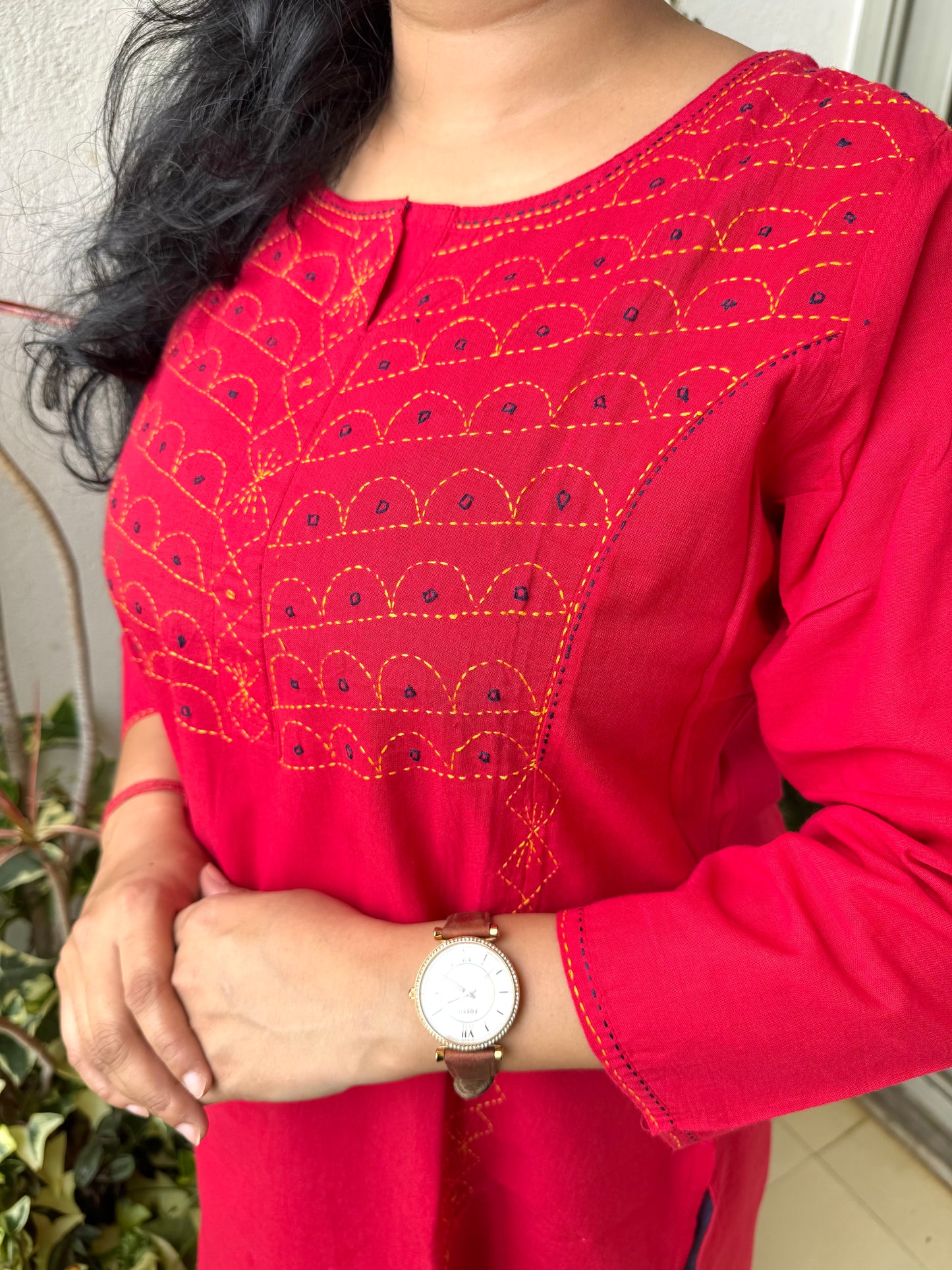 Masakali ~ Cotton Embroidered Kurti, Cherry Red 🍒