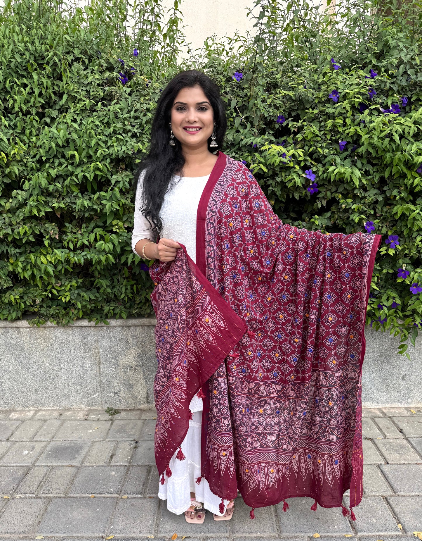 Rangrez🔅Ajrakh Mulmul Cotton Dupattas with Embroidery ~ Cranberry Red