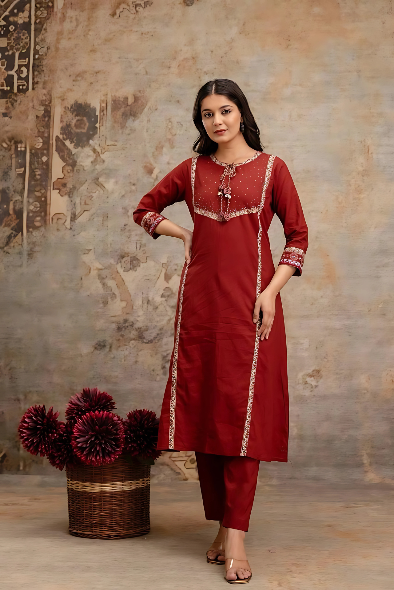 Saanjh š ą½¼ā¼š Ajrakh Hand Embroidered Suit ~ Mahogany Red