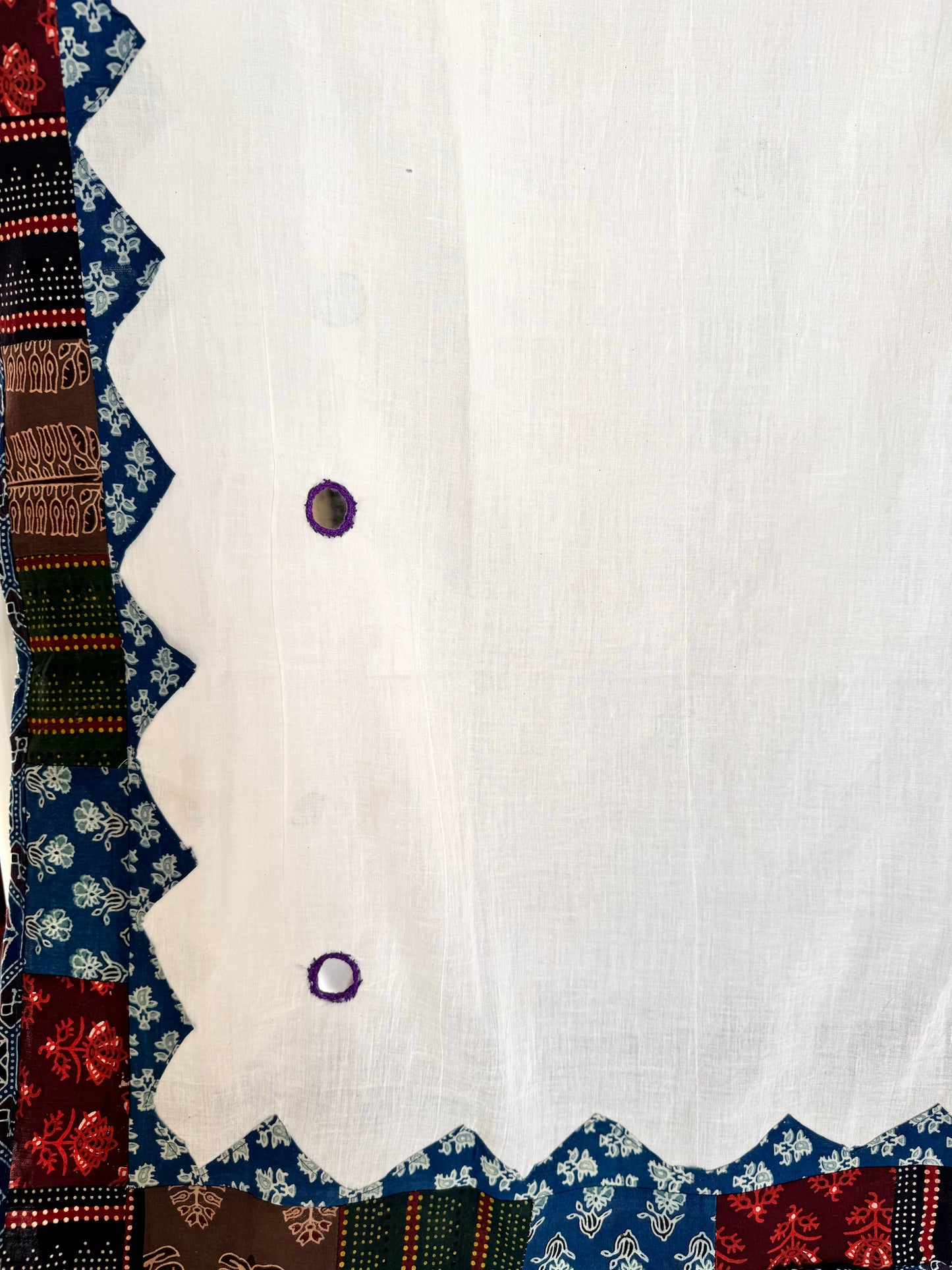 Ajrakh Applique & Kantha Embroidered Dupatta ~ White with Purple Mirrors