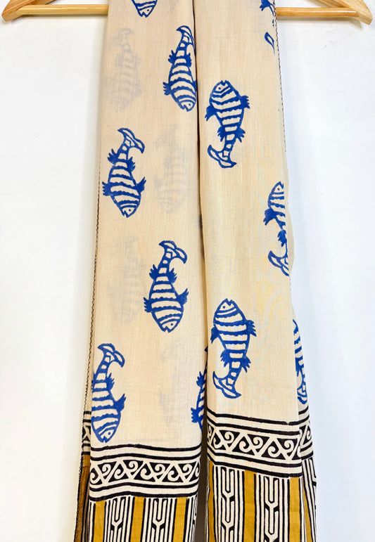 Raag🪷Mulmul Cotton Stoles ~ Fish Blue