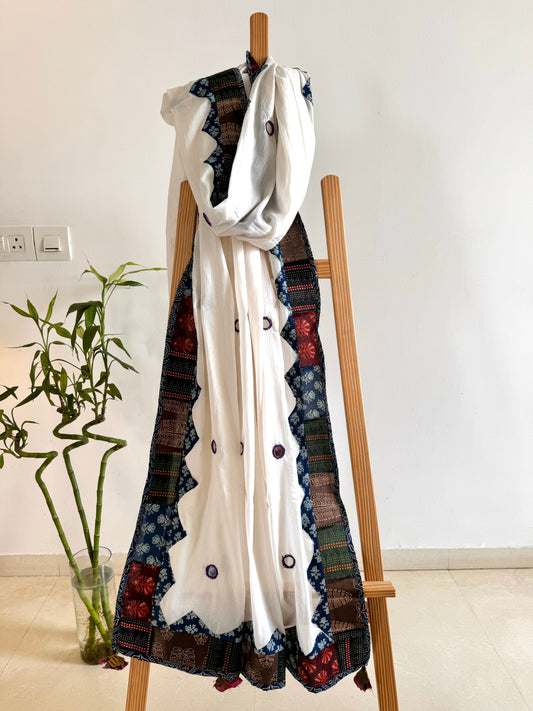 Ajrakh Applique & Kantha Embroidered Dupatta ~ White with Purple Mirrors