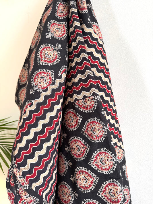 Ajrakh Applique & Kantha Embroidered Dupatta ~ Black Chequered