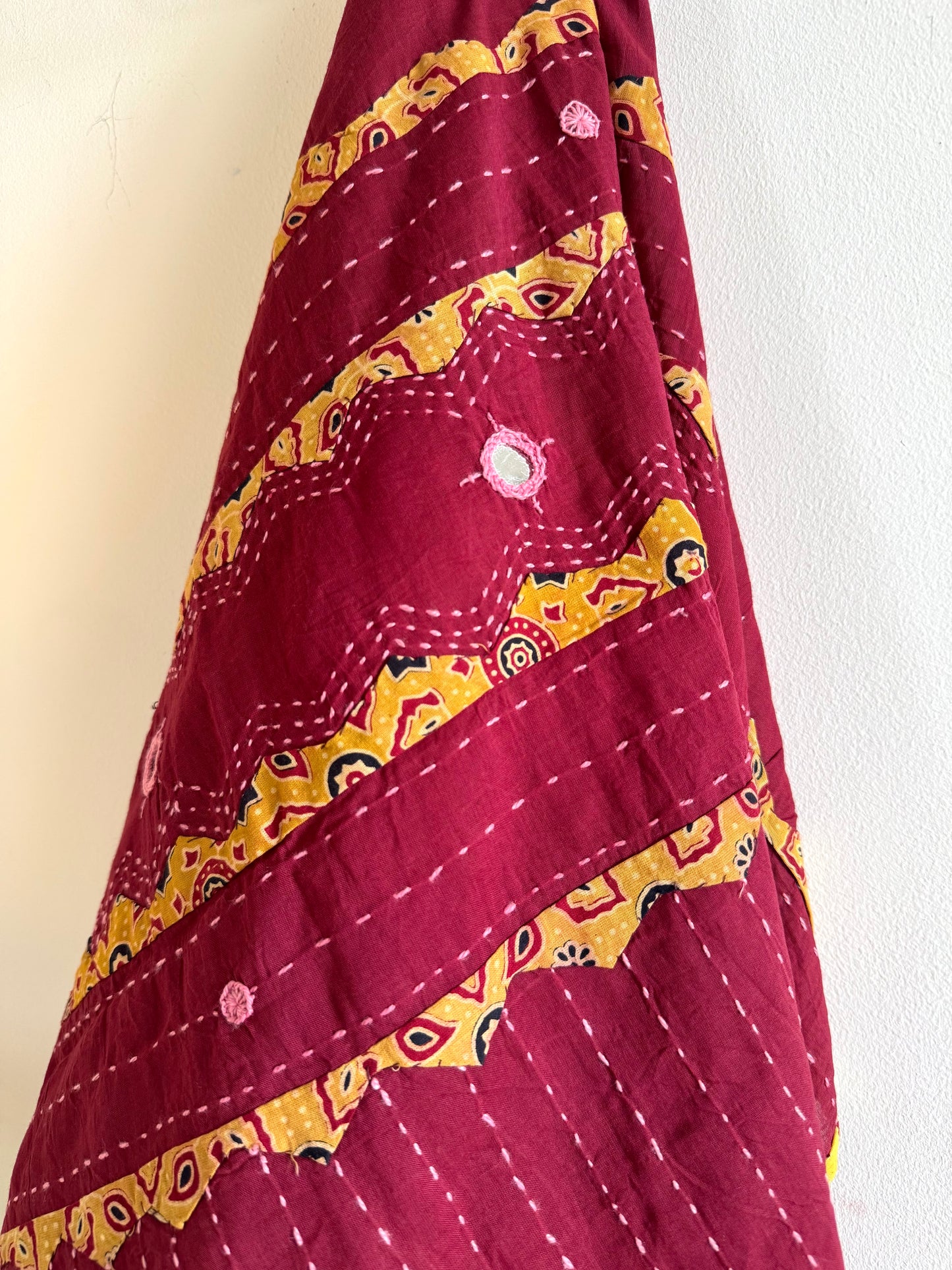 Ajrakh Applique & Kantha Embroidered Dupatta ~ Deep Red with Yellow Kantha Work