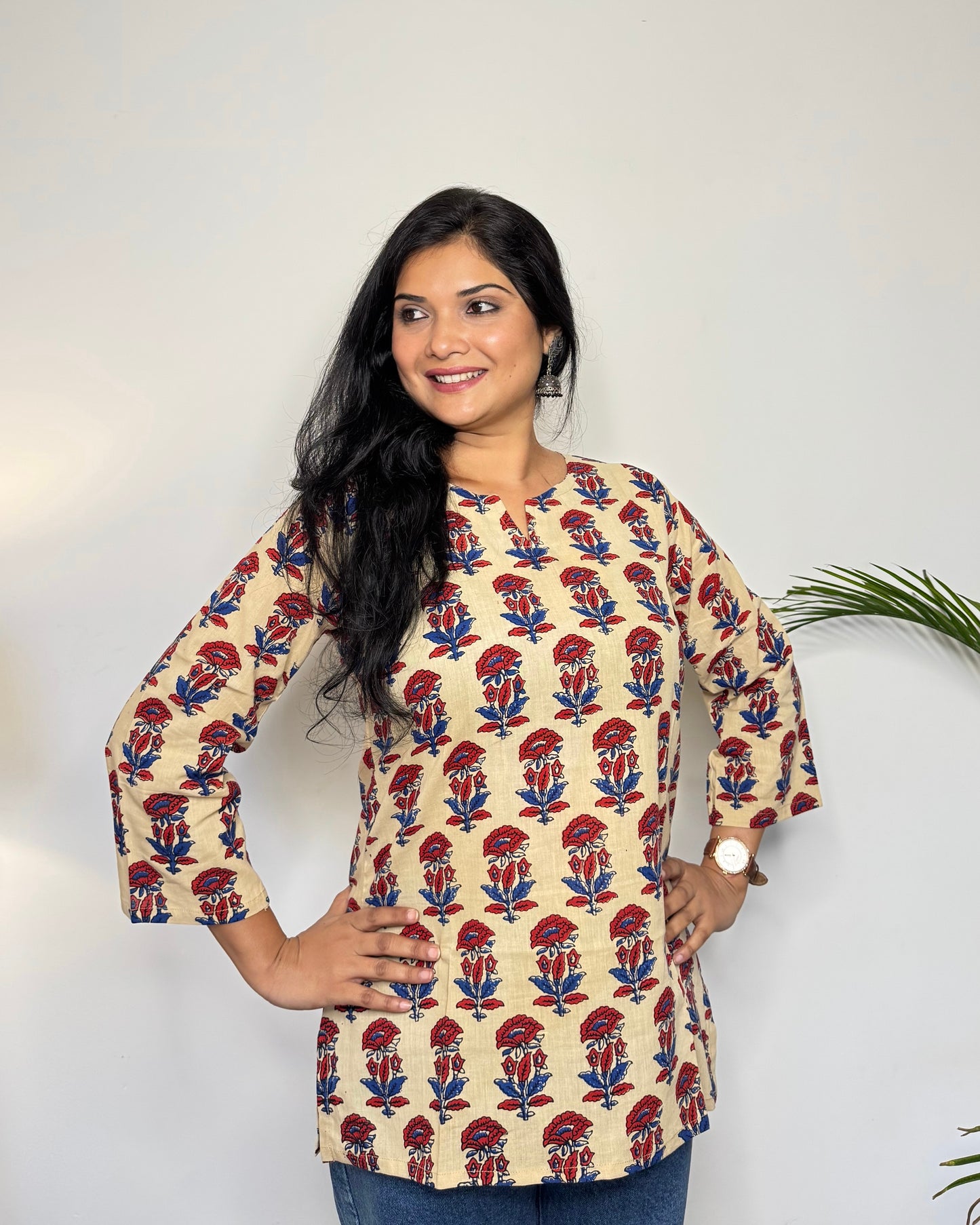 Daisy Meadow ~ Cream & Ruby Red Handblock Kurti