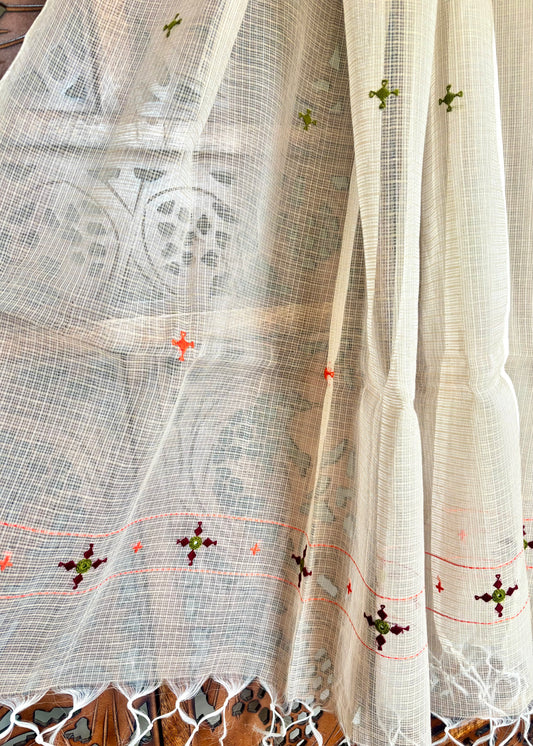 Kota Doria Hand Embroidered Dupatta ~ Beige w/ maroon stars