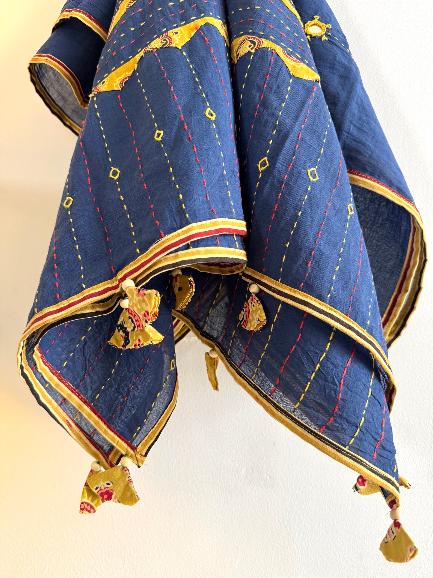 Ajrakh Applique & Kantha Embroidered Dupatta ~ Navy Blue with Yellow Kantha Work