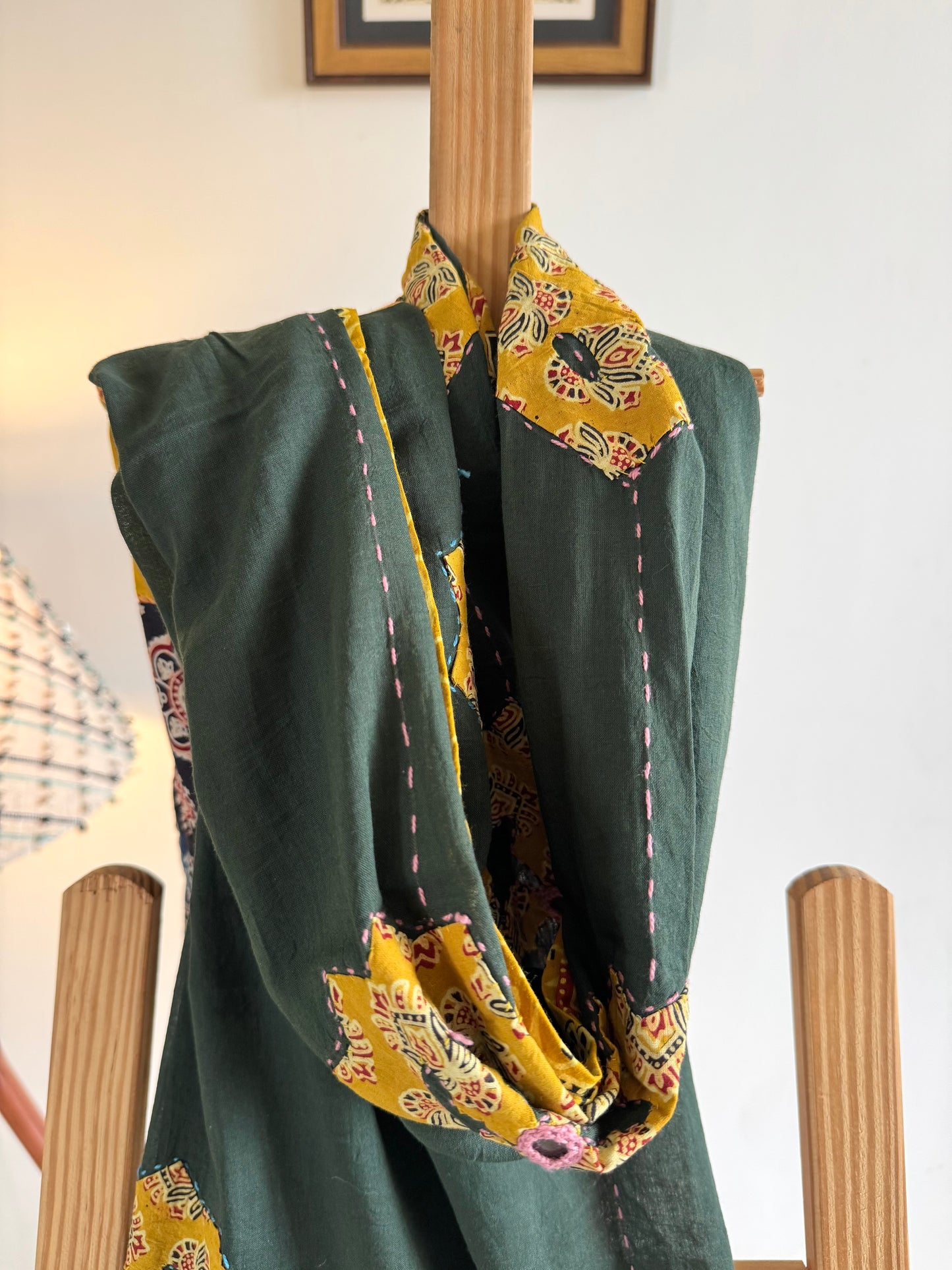𓂃ོ⋆☀︎𓂃ᨒོ Ajrakh, Applique & Kantha Embroidered Dupatta ~ Olive Green w/ Yellow Flowers 𑁍ࠬ