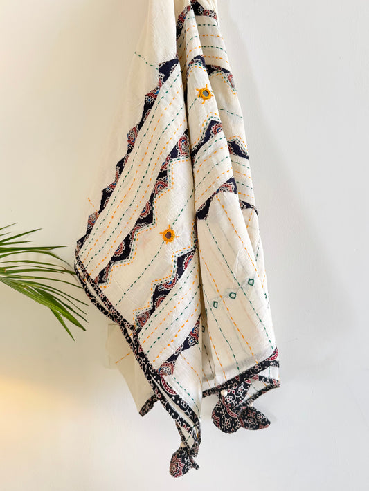 Ajrakh Applique & Kantha Embroidered Dupatta ~ White with Black Patchwork