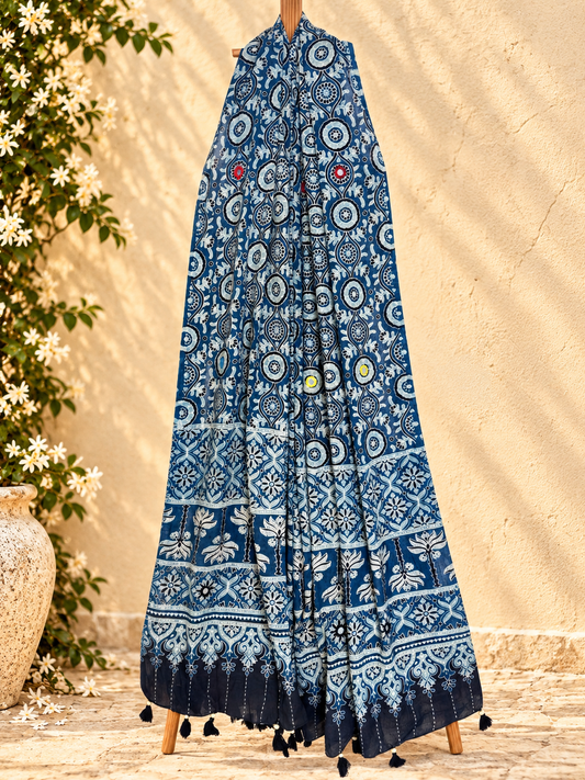 Rangrez🔅Ajrakh Mulmul Cotton Dupattas with Embroidery ~ Neel Kamal