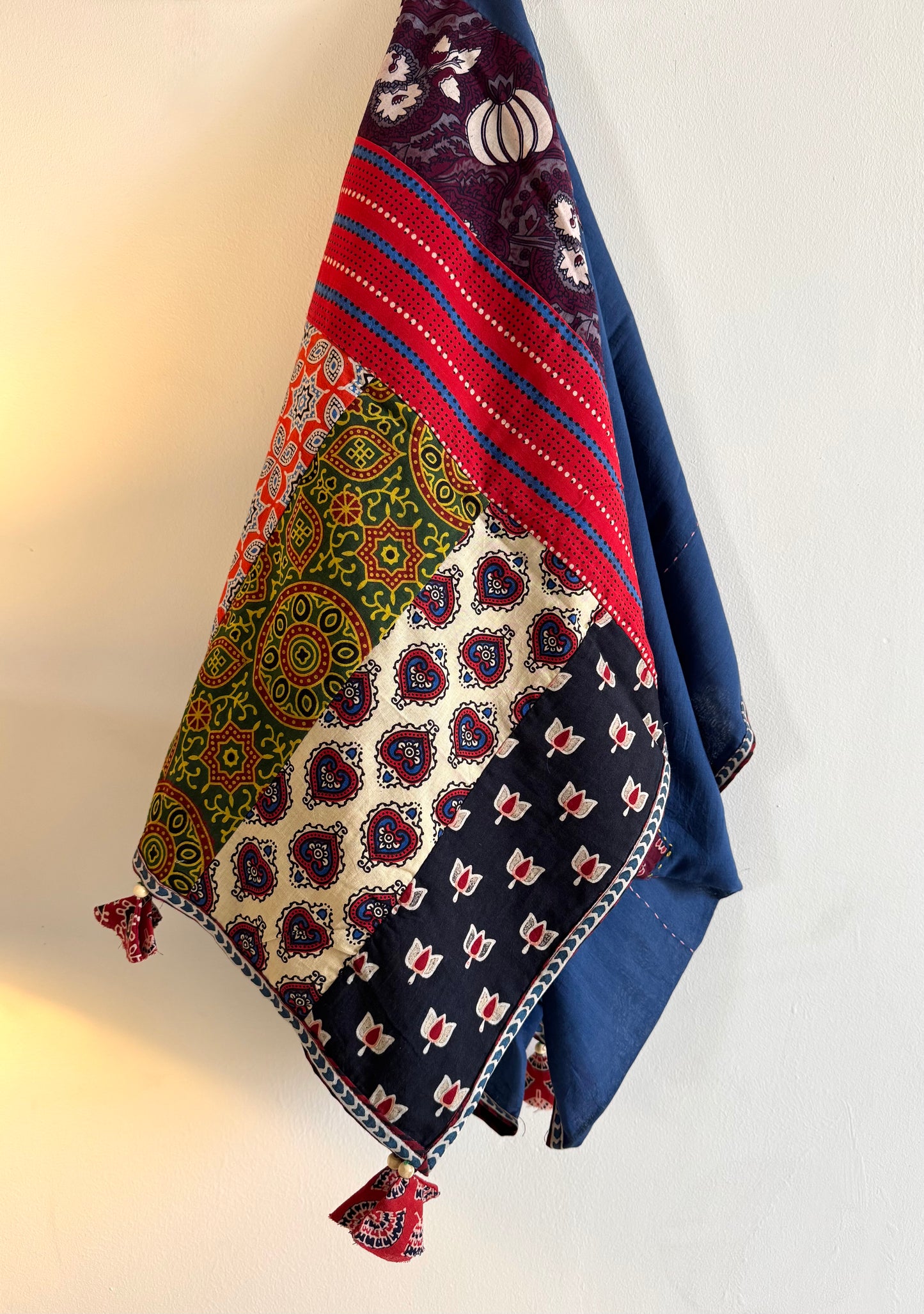Ajrakh Applique & Kantha Embroidered Dupatta ~ Navy Blue with Burgundy Flowers