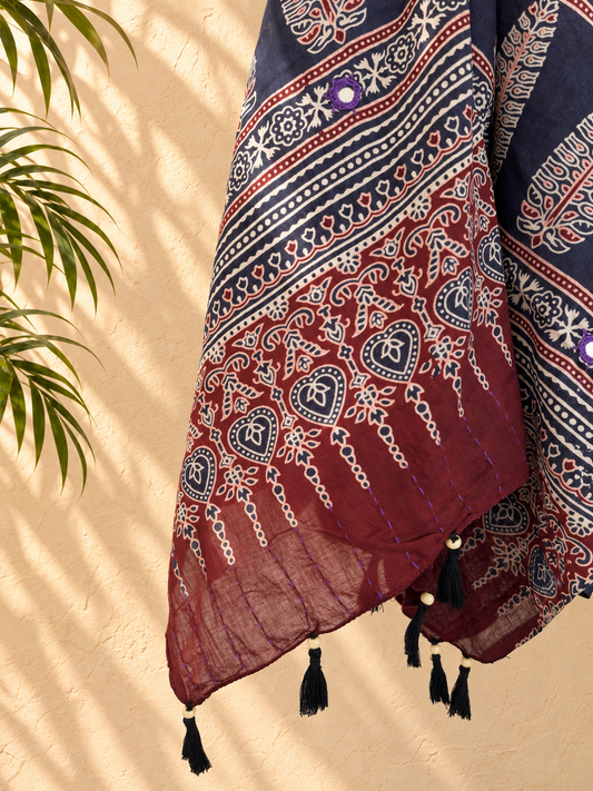 Rangrez🔅Ajrakh Mulmul Dupattas with Embroidery ~ Midnight Beauty