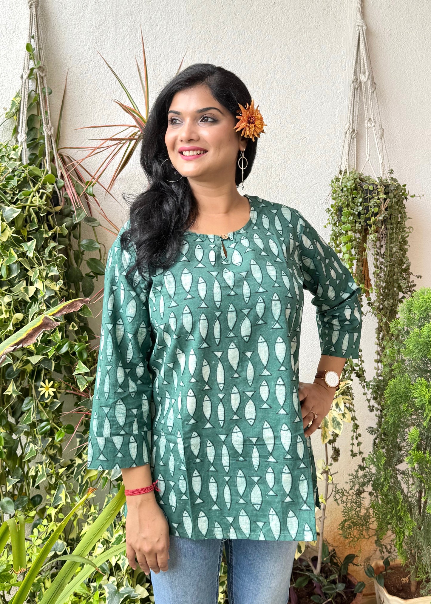 Fish ~ Turquoise Handblock Kurti